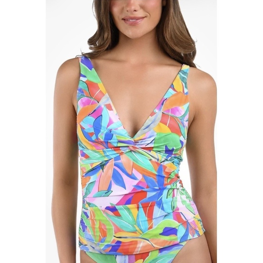 La Blanca V-Neck Twist Front Swim Tankini Top, Tropi-flage Multi size 6